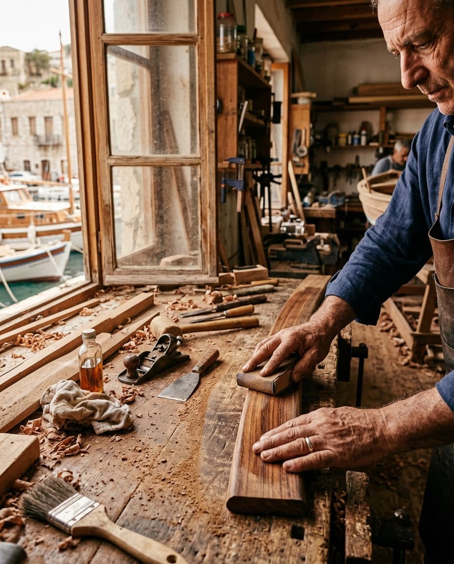 A marine carpenter hand-finishing the teak floating bar in an Aegean workshop